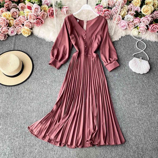 

autumn vintage v-neck pleated dress for women casual long sleeve single breasted draped dresses female big swing vestidos 210426, Black;gray