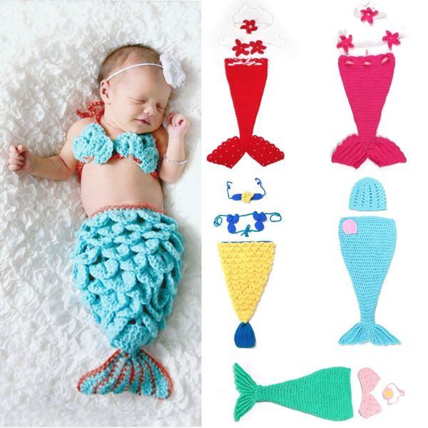 Lã recém-nascido roupas sereia trajes fotos foto adereços bebê recebendo cobertores crochet sleepsack infantil bebê berço acessórios 210413