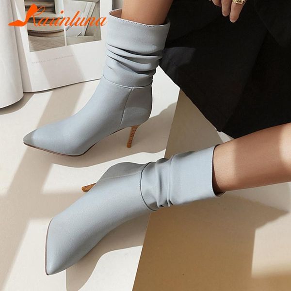 

boots karin shoes woman party pointed toe solid elegant thin heels autumn pleated ankle slip-on female, Black