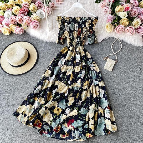 

party dresses vacation style floral print dress fashionable off-shoulder high waist slimming summer ruffled a- line, White;black