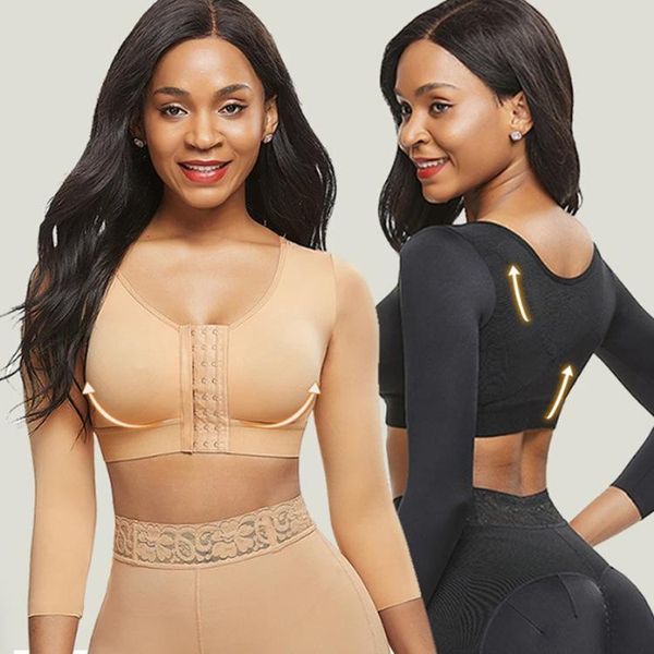 

women's shapers front closure bra long sleeve post- compression with breast support band shapewear posture corrector, Black;white