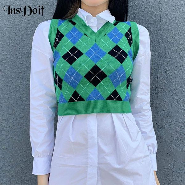 

women's sweaters insdoit vintage gothic green vest sweater harajuku british grid diamond print college punk sleeveless cropped, White;black