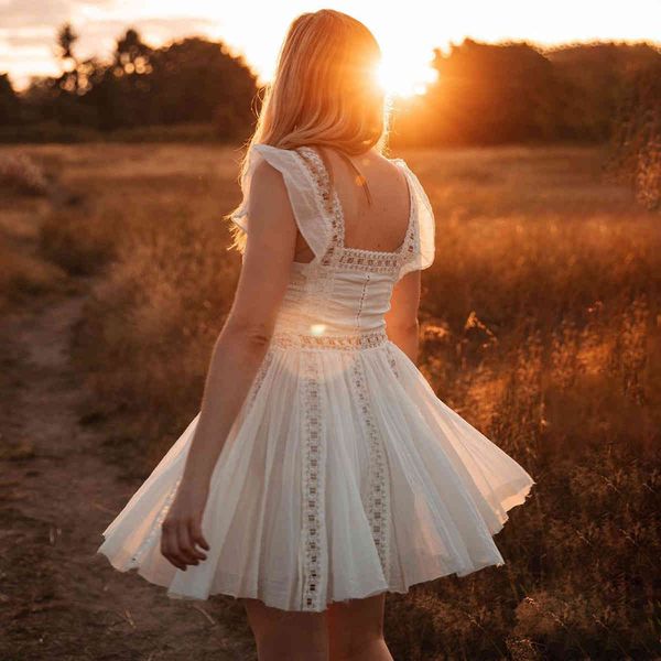 

jastie patchwork lace mini dress square collar sleeveless strap dresses cotton summer short party dress women vestidos 210419, White