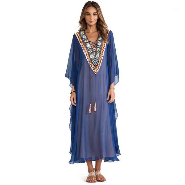 

plus size blue embroidered summer beachwear chiffon kaftan beach woman tunic bath dress robe plage swim wear cover up #q975 women's swi, White;black