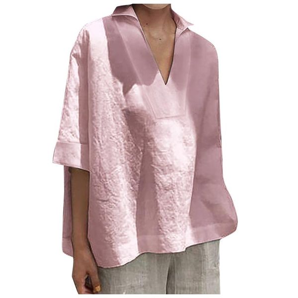 

women's t-shirt solid color cotton linen t-shirts fashion oversized lapel v-neck casual short sleeve ropa mujer, White