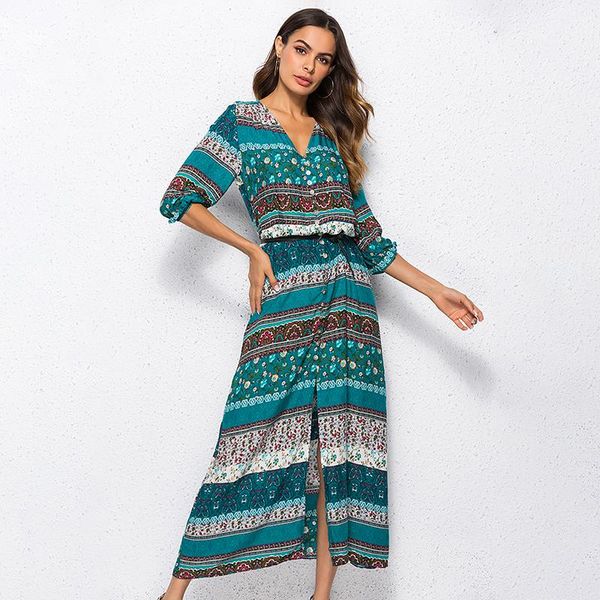 

boots vip bohemian printing long dress women maxi floral print retro hippie vestidos chic brand clothing boho, Black