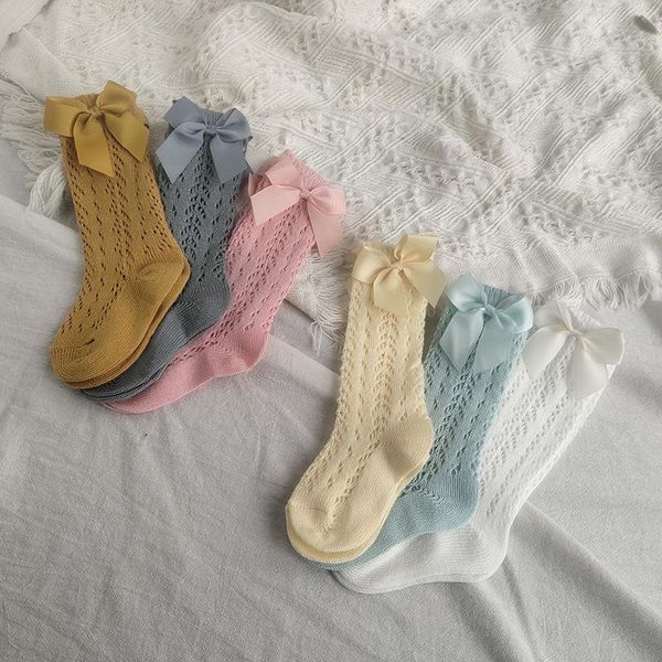 

baby socks summer spring toddlers girls big bow knee high long soft cotton lace stocking non-slip kniekousen meisje, Pink;yellow