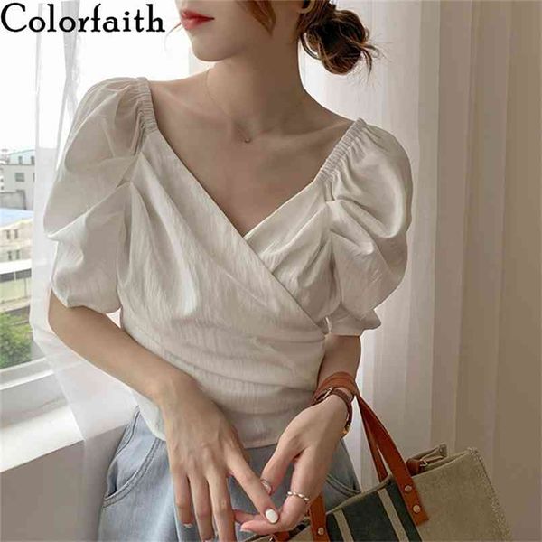 

women summer blouses shirts v-neck casual puff sleeve vintage fold lace up asymmetrical short bl20057 210427, White