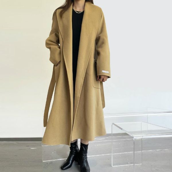 

women's wool & blends 21 winter korean loose temperament double faced handmade long 90% coat women lapel lacing belt plus size woolen o, Black