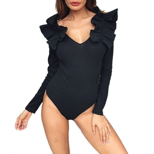 

autumn winter women's long sleeve bodysuit solid slim skinny bodycon v-neck ruffle jumpsuits & rompers, Black;white