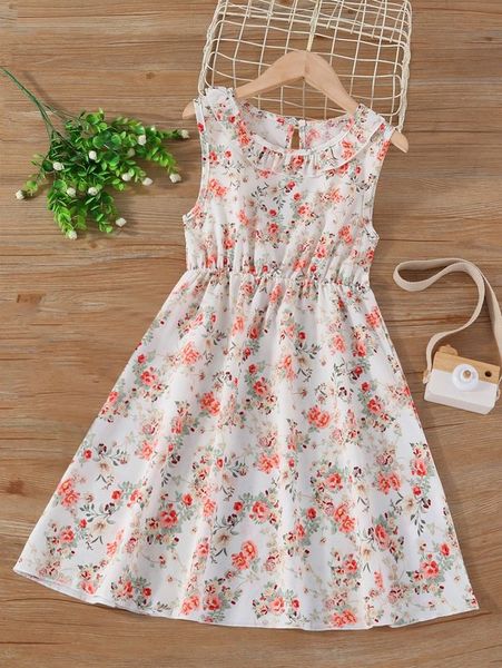 

girls floral print ruffle trim dress she01, Red;yellow