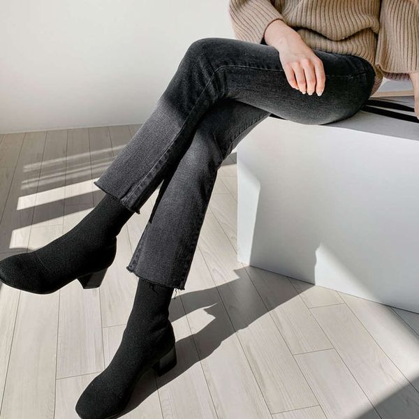 

smoke gray high waist version loose and thin elastic slim fit, Blue