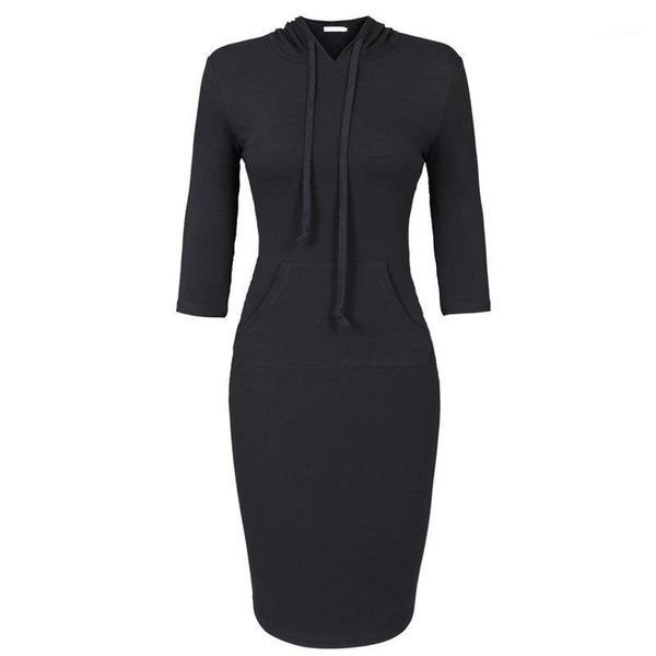

women autumn 3/4 sleeves simple solid color midi hoodie dress kangaroo pocket slim fit knee length casual pullover sweatshirt skirts, Black