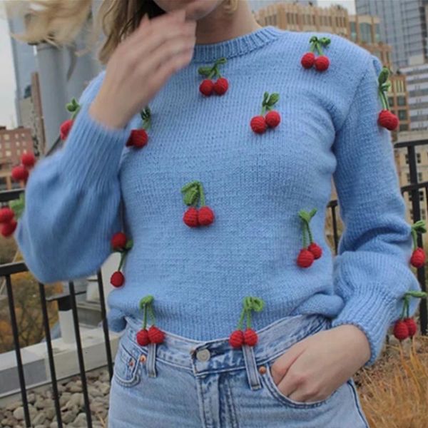 

women's sweaters autumn winter european fashion handmade crocheted 3d cherry o-neck pullover sweater blue sweet cute jumper clothes poq, White;black