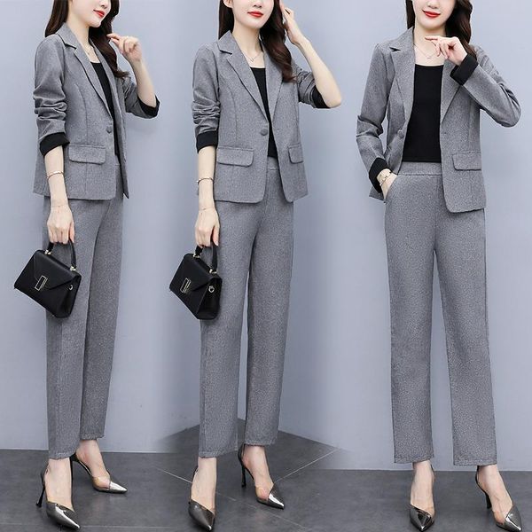 

women's two piece pants office lady slim suit elegant two-piece set blazer ensemble femme survetement year-old female costume, White