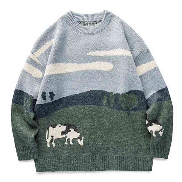 

men cow vintage winter sweater pullover o-neck korean knitted women casual harajuku couple knit streetwear oversize 210812, White;black