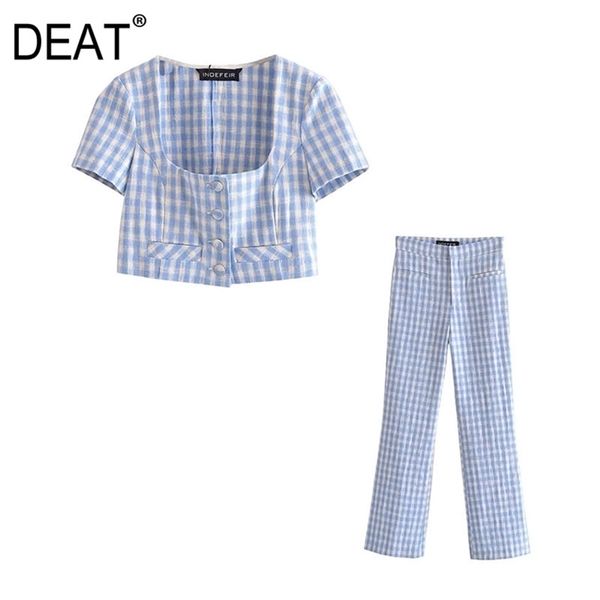 

[deat] summer fashion short sleeve square collar lattice high waist flare pants woemn two-piece suit 13q432 210527, White