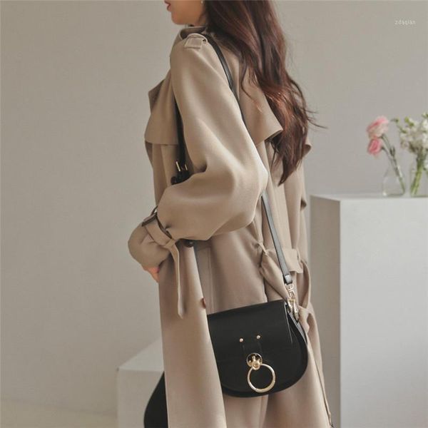 

women's trench coats lapel double row button work clothes windbreaker coat 2021 autumn suit collar solid color slit medium and long, Tan;black