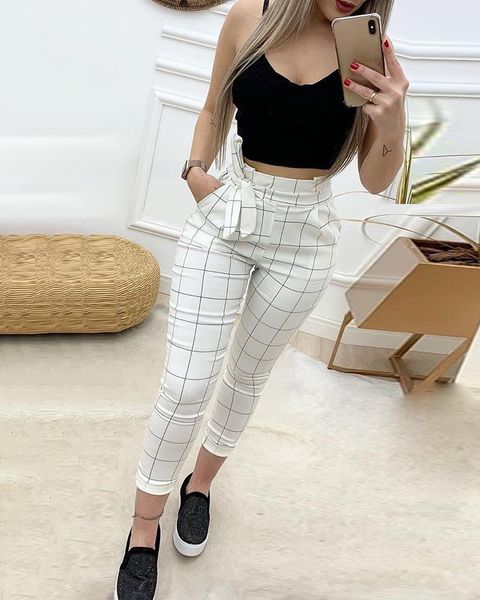 

women's pants & capris high waist grid paperbag casual, Black;white