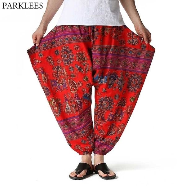 Rote afrikanische Ethinic Pint Baggy Genie Boho Haremshose Männer Frauen Casual Baumwolle Yoga Drop Crotch Jogger Traditionelle Hose 3XL 210522