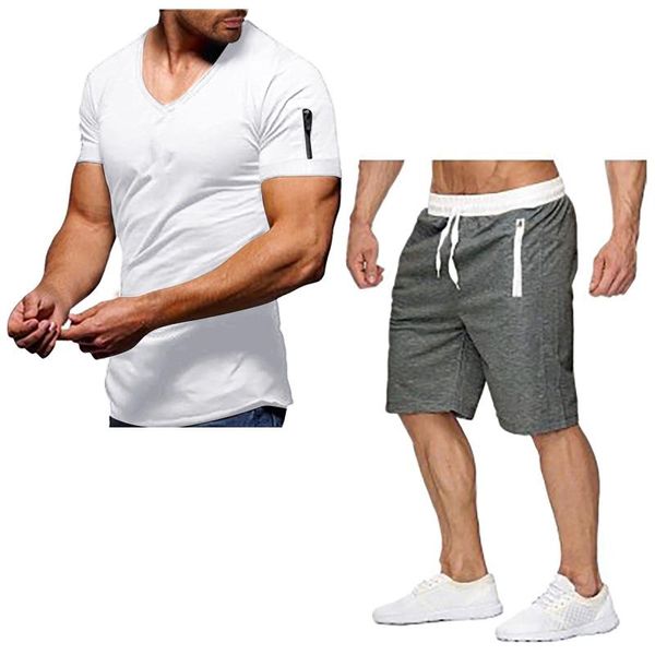 

men's tracksuits summer sports suit for men short sleeve t-shirt shorts set v neck zip tracksuit fitness running casual clothing, Gray