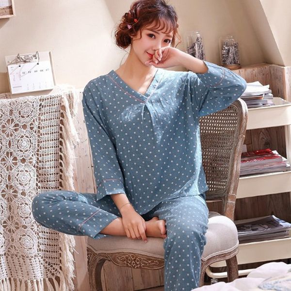 

women's sleepwear pajamas spring autumn set long-sleeved trousers cotton ladies pijama polka dot v-neck home clothes b3nq, Black;red