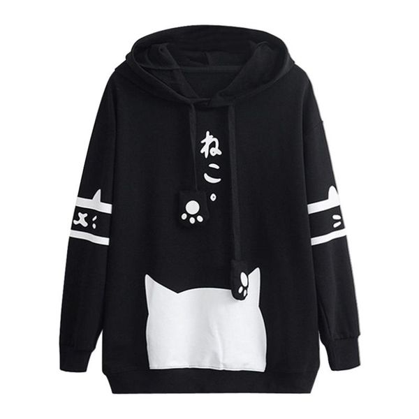 

women's hoodies & sweatshirts women kitty cat print autumn sweatshirt plus size long sleeve casual pullover white female j20, Black