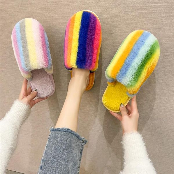 

slippers cootelili 2021 fashion women winter shoes for woman home faux fur colorful flat heel rainbow size 36-41, Black