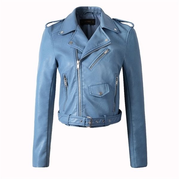 

fashion women spring autunm black blue fake faux leather jackets lady pu zipper pocket motorcycle outerwear coat belt