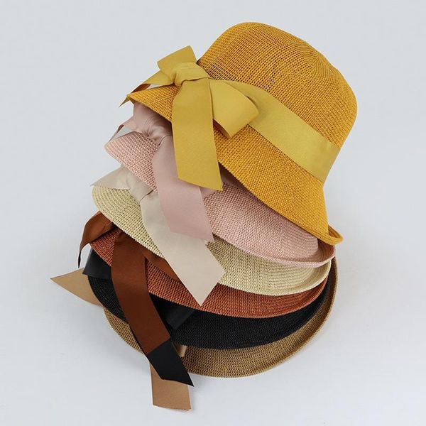 

wide brim hats summer autumn broad bowknot bucket women 6 colors solid all match fisherman caps beach straw hat breathable 56-58cm, Blue;gray