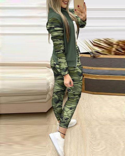 

women's two piece pants autumn fashion suit military green zipper cardigan and slim fitting tights combination sports leisure two-piece, White
