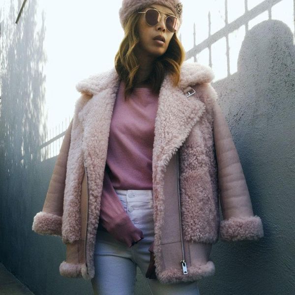 

women's fur & faux winter shearling motorcyclist female royal skin jacket luxury streetwear warm woolen cardigan designer lapel punk ou, Black