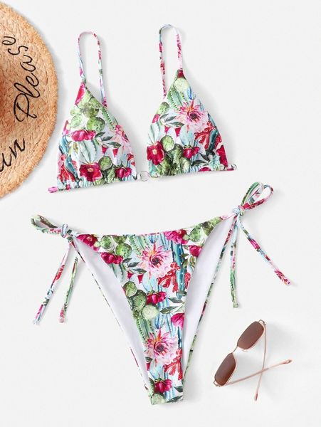 

plus plant print triangle tie side bikini swimsuit e2ci#, Black
