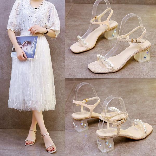 

sandals female sandal black shoes for women clear heels buckle strap girls beige fashion rhinestone comfort 2021 high block pearl basic