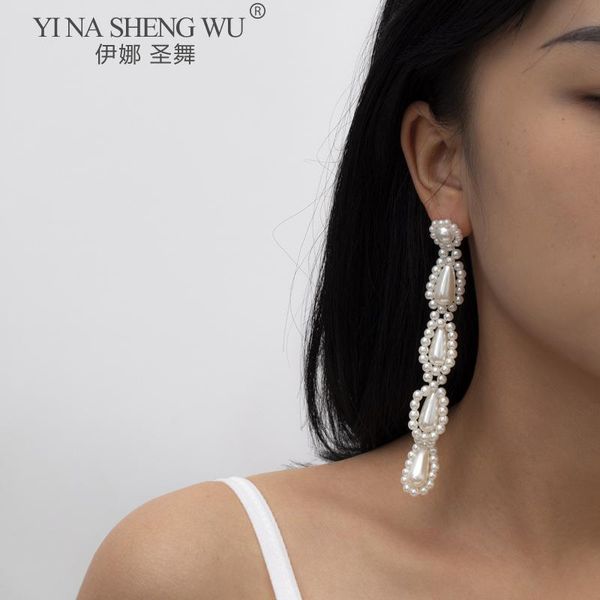 

dangle & chandelier trend simulation pearl long earrings female white round wedding pendant fashion punk jewelry earring accessories, Silver
