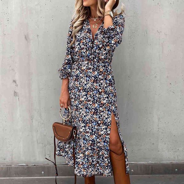 

women v neck floral print split dress autumn slim long sleeve casual leopard elastic waist female boho long maxi party dress 210416, Black;gray