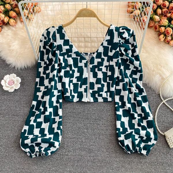 

women's blouses & shirts korean style vintage blouse woman print crop women blusas long sleeve french chic elastic waist, White