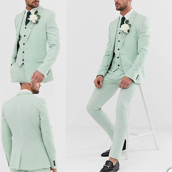 Noivo Mens Casamento Smoking 3 partes Mint Green Homens Calças Blazer Ternos Prom Festa Casaco Formal Wear Outfits