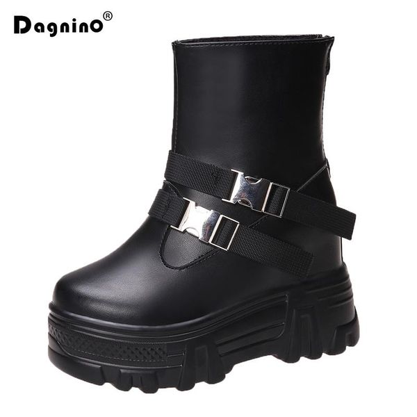 

boots winter thick bottom ankle women 10cm height increasing platform buckle zip leather shoes woman warm plush snow, Black