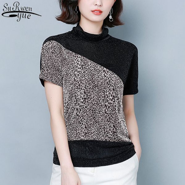 Primavera New Women Moda Estilo Europeu Leopardo Impressão Emenda Camisa Alta Collar Bat Sleeve Brilhante Silk Camisa 12852 210417