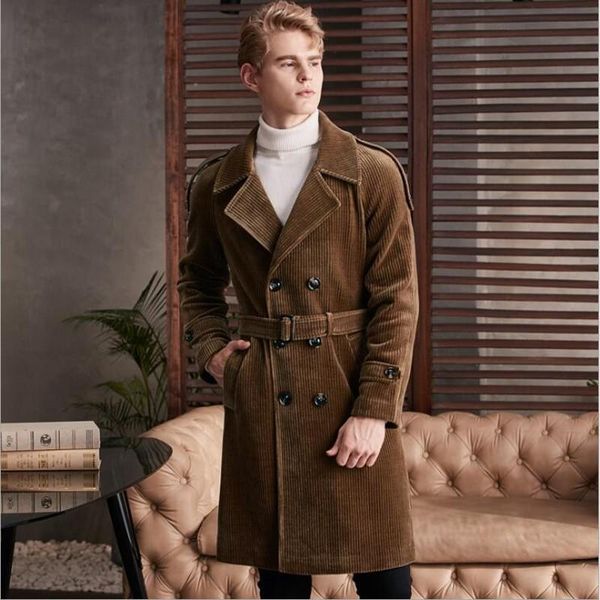 

men's trench coats knee-length corduroy coat jacket men plus size windbreaker winter male british fashion lapel long sleeve overcoat, Tan;black