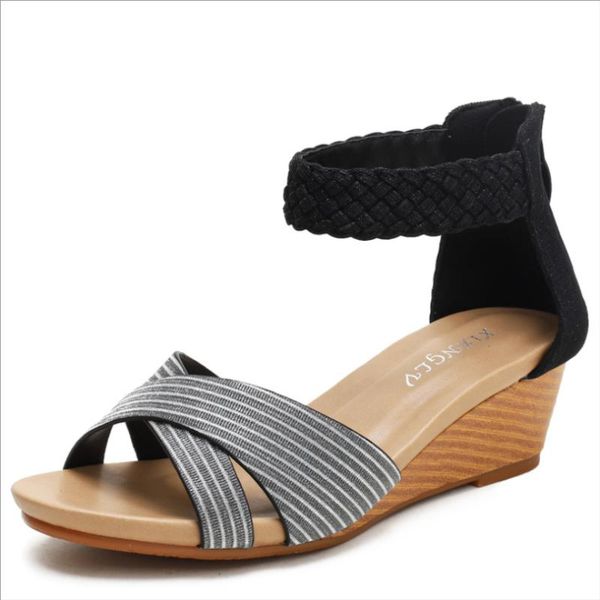 

sandals 2021 women's summer style fairy ladies shoes woven roman fashion wedge sandalias de mujer xm034, Black