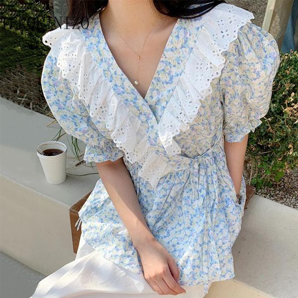 

women's blouses & shirts terokinizo v neck puff sleeve blouse women slim waist lace up ruffle patchwork summer korean chic floral prin, White
