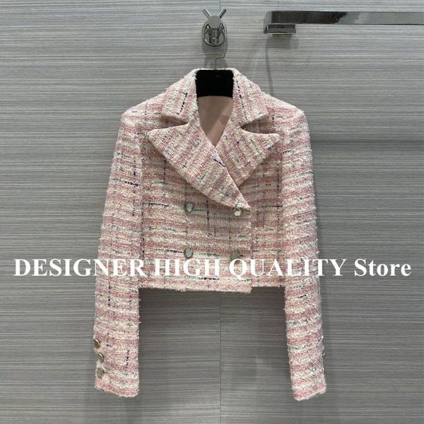 

women's wool & blends 2021 pre-fall luxury designer tweed jacket women woven plaid notched double breasted blazer style short coat flor, Black
