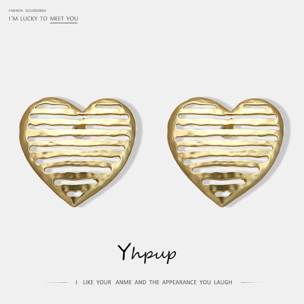 

stud yhpup stylish copper hollower heart geometric earrings vintage simple brincos sweet for girl party jewelry gift, Golden;silver