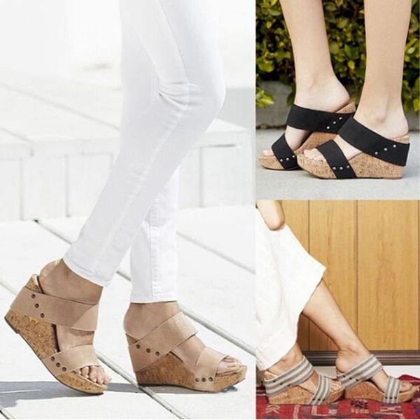 

women comfy slippers wedge sandals open toe sandal shoes for indoor home beach fashion retro platform, Black