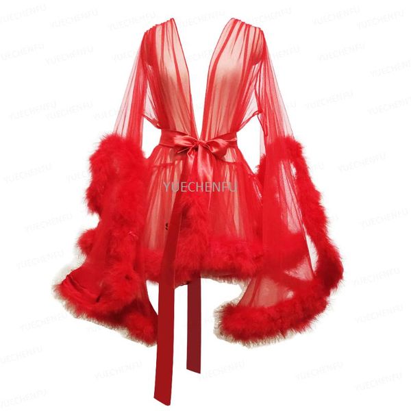 

women's sleepwear women feather bathrobe short wedding scarf illusion tulle nightgown robe perspective sheer dress, Black;red