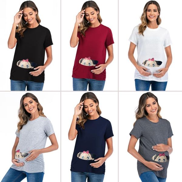 

maternity & tees 2021 european and american style round neck short sleeve cartoon printing dress fashion pregnant women t-shirt, White