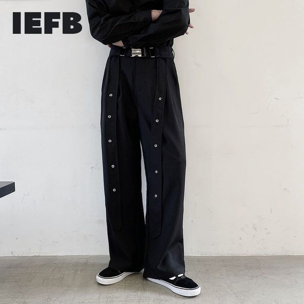 

iefb /men's wear niche black trousers for male spring personality ribbon straight loose wide leg pants 9y1619 210524