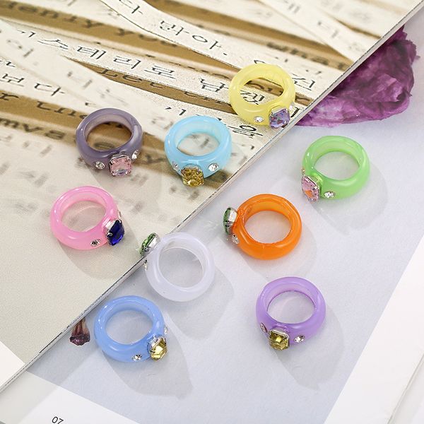 

10pcs european 2021 trend creative vintage resin rings for women multicolor acrylic zircon girls jelly index finger ring, Silver